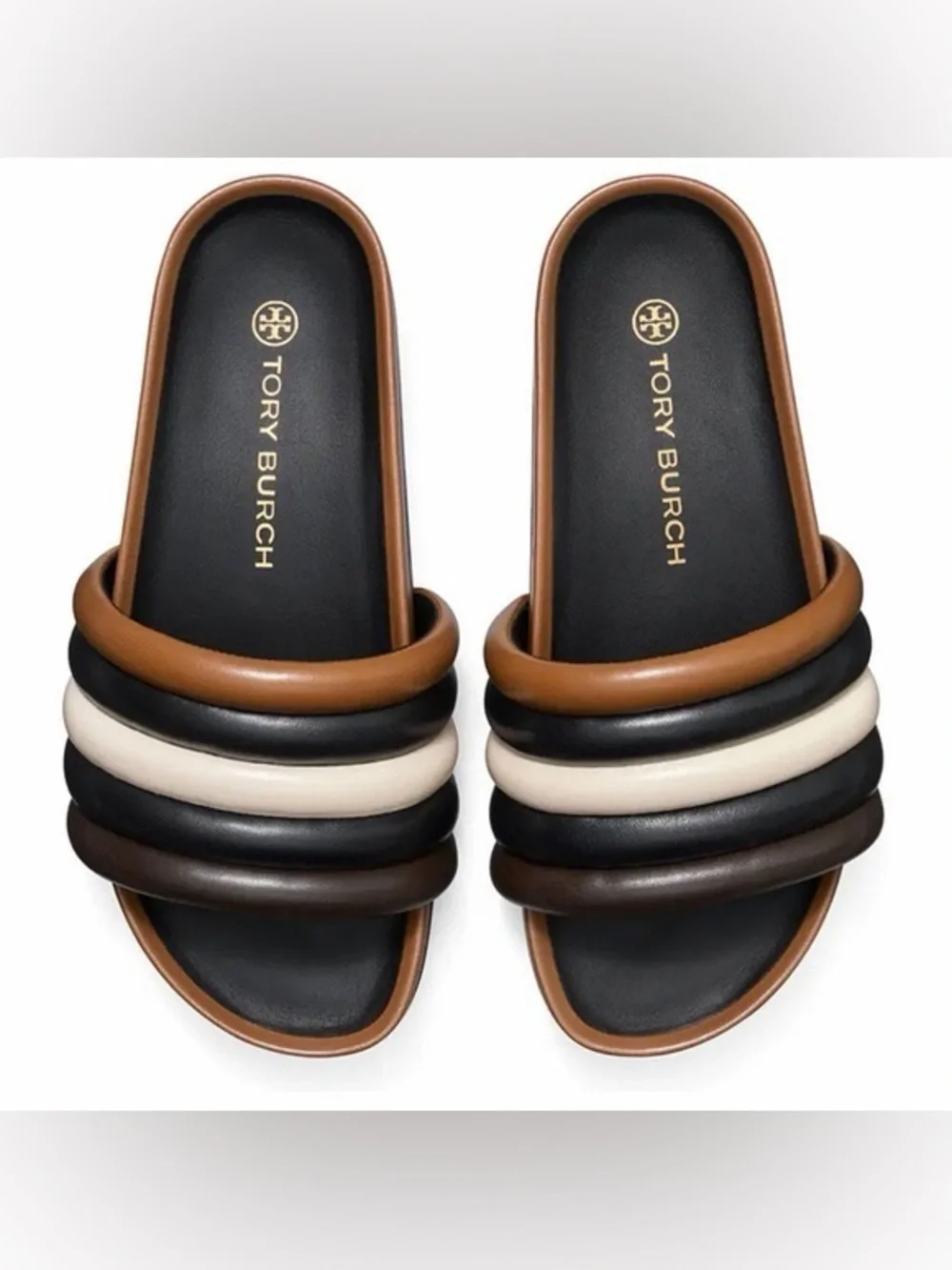 Tory Burch Brown Black Cream Layered Padded Slide Sandals 7
